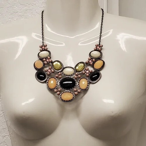 Statement Necklace Gunmetal Multicolored Faceted Rhinestones 18" Bib Adjustable - Picture 6 of 12