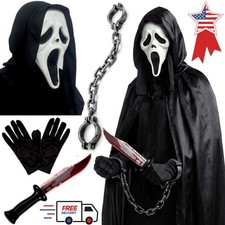 Scream Costume Set Halloween Horror Ghostface Mask, Shackle, Bloody Knif Glove