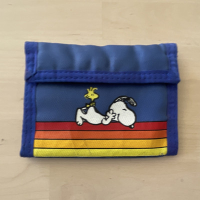 Vintage Peanuts Snoopy & Woodstock Blue Nylon Tri-Fold Wallet, Red Orange Yellow