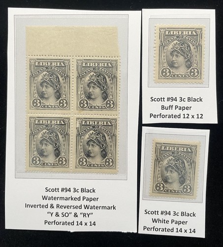 Liberia Stamps 1903 Liberty 3c. Mint Study, SPECIMENS, Blocks Etc Sc. 94/94s - Picture 5 of 5