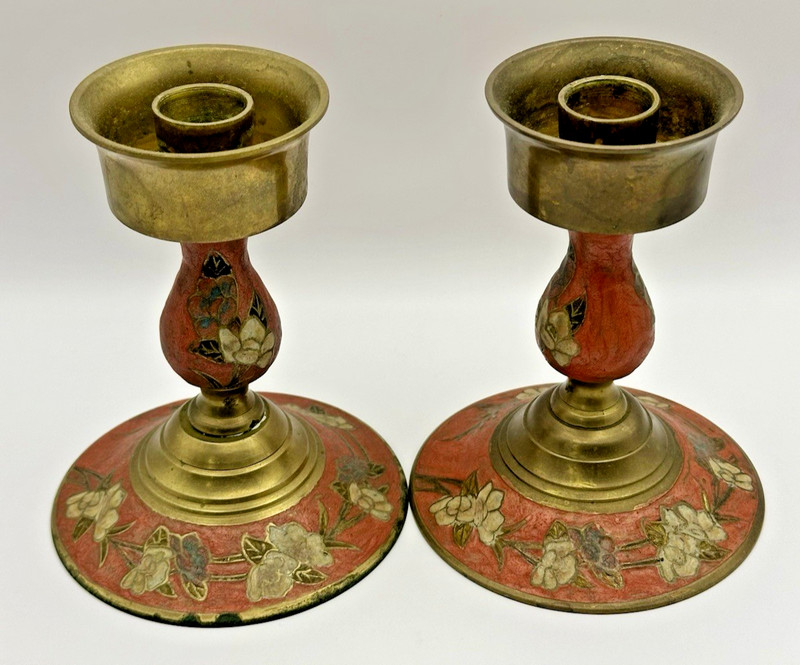 Pair of Indian Red Cloisonne Enamel Solid Brass Candlestick Holders