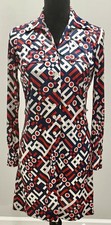 Vintage 1970s Women s Red, White, Blue Geometric Shirtdress