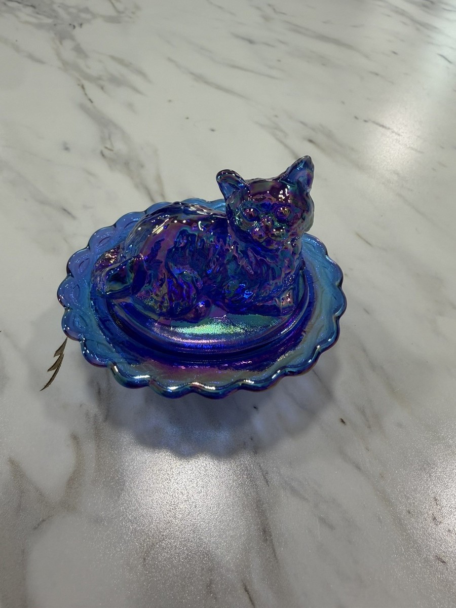 Mosser Mini Cat on Nest Cobalt Carnival Glass Iridescent Covered
