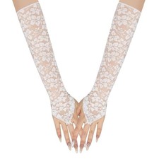 Elegant Floral Lace Gloves Women Elbow Length Fingerless Long One Size White
