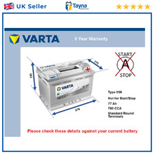 Car Battery E44 Varta 096 780A 77Ah 5Yr Warranty 278x175x190 Silver Dynamic