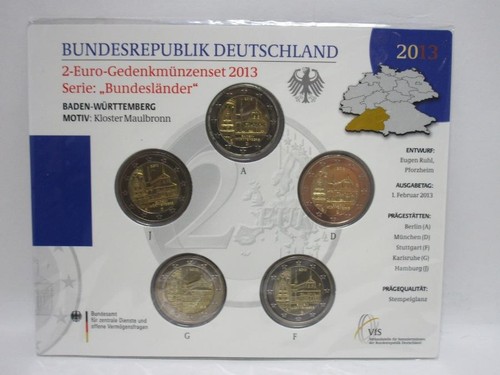 Münzsatz - 2 € Gedenkmünzenset 2013 ADFGJ "Kloster Maulbronn" ST im Bl. GS8307