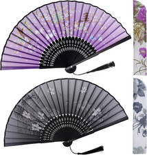 Handheld Folding Fans Floral Hand Held Fans Silk Bamboo Fans with Tassel Chinese