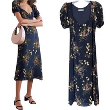 Reformation Luciana Lace-Up Floral Print Crepe Midi Dress Women's 6 Navy Yellow