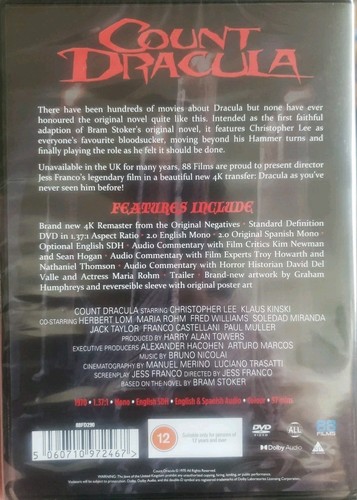 COUNT DRACULA (1970) DVD 88 Films - CHRISTOPHER LEE JESS FRANCO New & Sealed - Picture 2 of 2