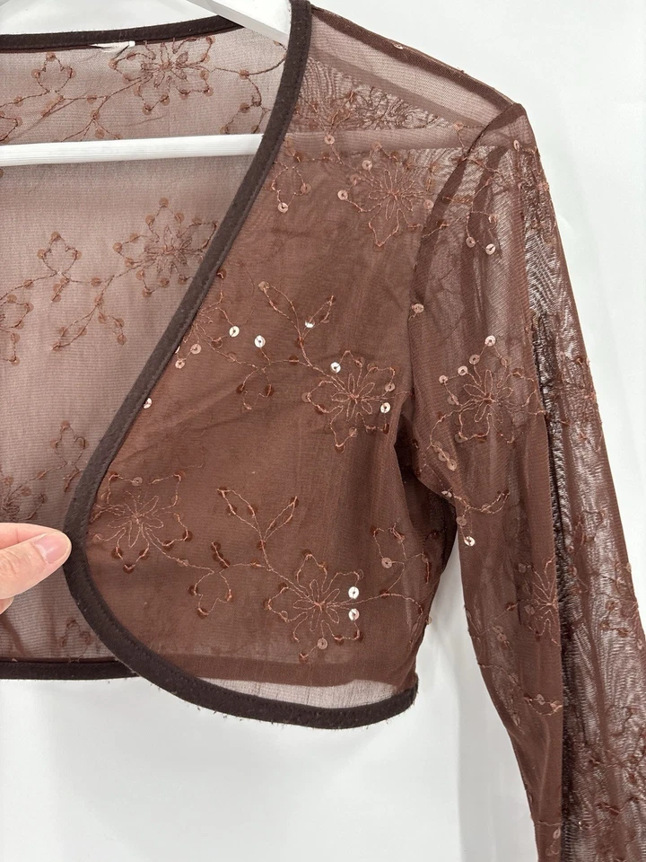 Chaqueta Bolero Mujer Vintage Años 90 Pequeña Marrón Transparente Lentejuelas Floral Bordada Foto 4 de 4