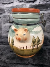 Ceramic Hand Painted Pig Motif Farm Scene Storage Jar With Seal Tight Closure