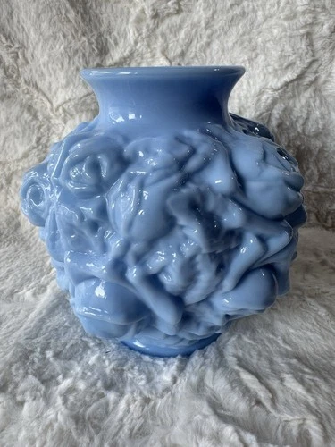 Vtg Imperial La Bella Rose Opaline Blue? Periwinkle? Milk Glass Embossed Vase