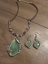 Green SEA GLASS Pendent NECKLACE And Hook Earrings Silvertone