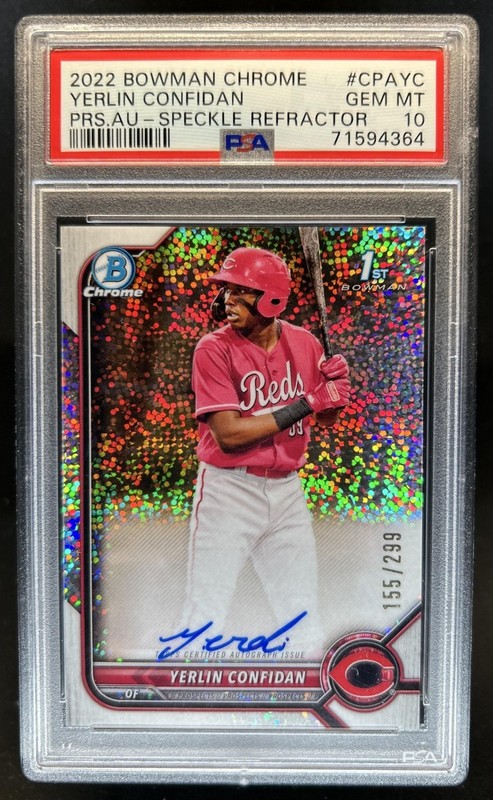 2022 Bowman Chrome Yerlin Confidan Auto 1st Refractor Speckle #/299 Reds PSA 10