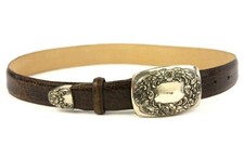 Vintage Y2K Brighton Lizard Embossed Leather Belt w Silver Floral Buckle Brown M