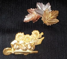 SET OF 2 FALL GOLDTONE BROOCHES/ PINS WHEEL BARROW/ TRI COLOR LEAVES 