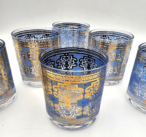 Mid-Century Firenza Blue Gold Low Ball Tumblers Cocktails - Picture 2 of 5