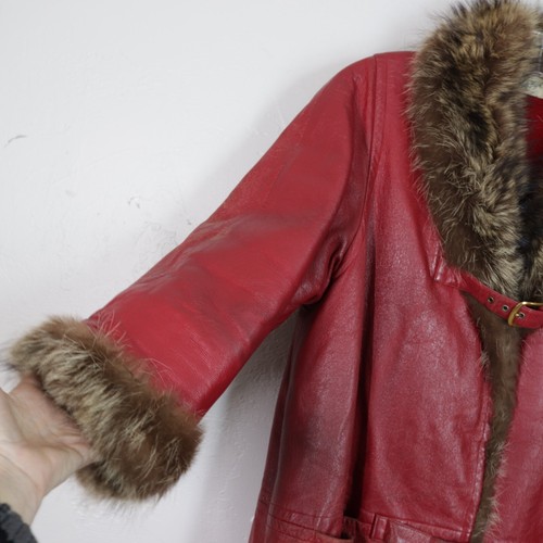Cappotto pelle Bonnie Cashin Sills rosso pelliccia procione collo foderato tasche vintage anni 60 - Foto 3 di 19