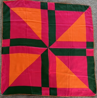 Vintage Echo 100% Silk Scarf Geometric Orange Pink And Green 30'' Square