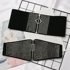 Ladies Punk Wide Corset Waistband Waist Belt Metal Rivets Ring Zip Up Elastic