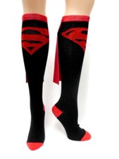 Superman Chest Logo Black and Red Knee High Derby Socks with Cape NEW UNUSED
