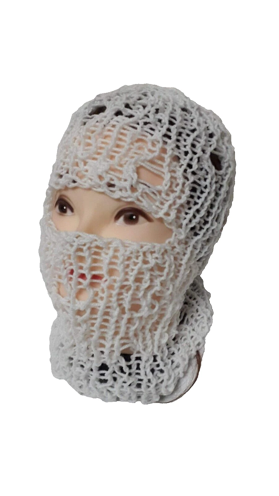 Handmade Knit White Balaclava – Lightweight Crochet Ski Mask Hood Unisex