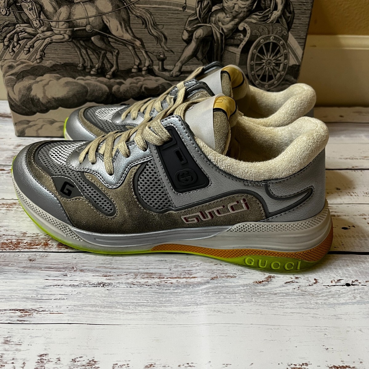 Gucci Ultrapace Sneakers Men's Gray Silver Leather Shoes UK8 Gucci Ultrapace Sneakers Men's Gray Silver Leather Shoes UK8