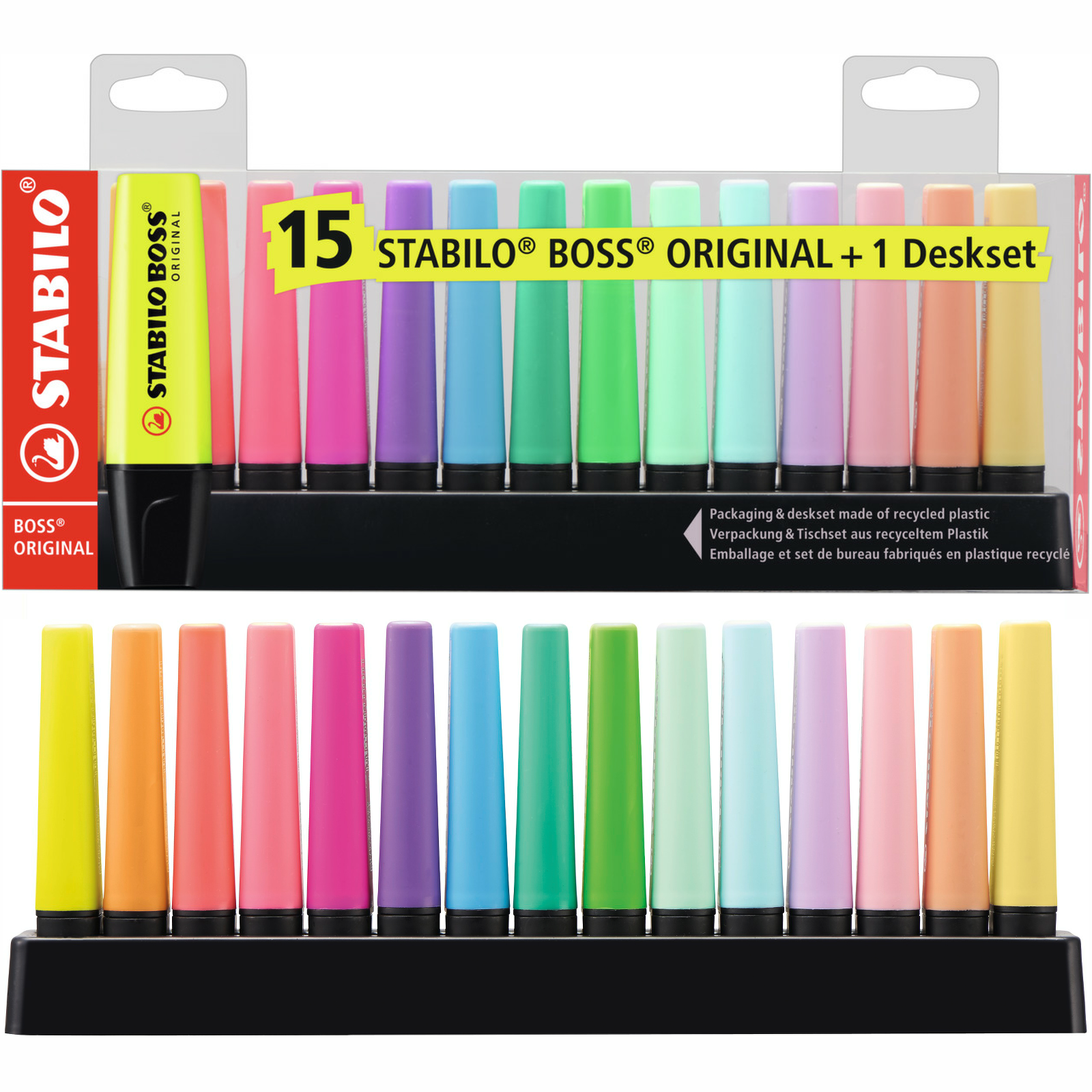 Highlighter STABILO BOSS ORIGINAL Deskset of 15 9 Fluorescent + 6 Pastel Colours