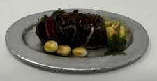 Vintage Dollhouse Miniature Roast Meat  Potatoes on Metal Tray Food