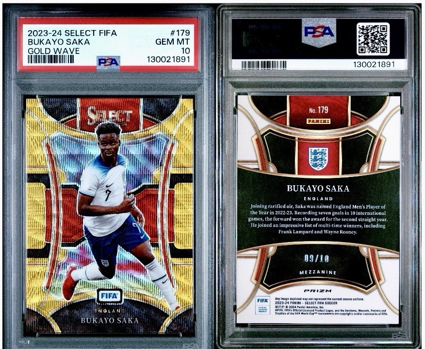 Bukayo Saka 2023-24 Panini Select FIFA #179 Gold Wave Prizm #D 09/10 - PSA 10 view 3