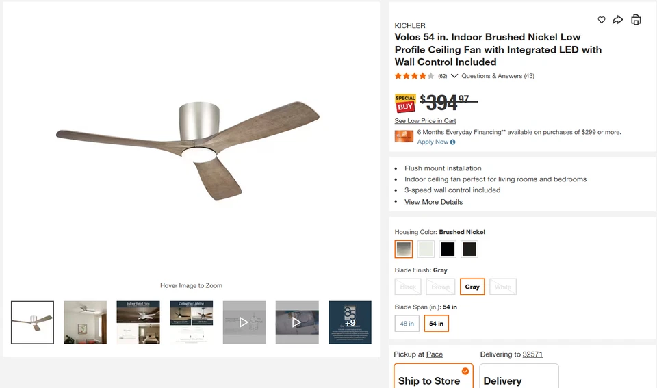 KICHLER Volos 54 in. Indoor Brushed Nickel Low Profile Ceiling Fan LED 394$MSRP - Image 3 of 4