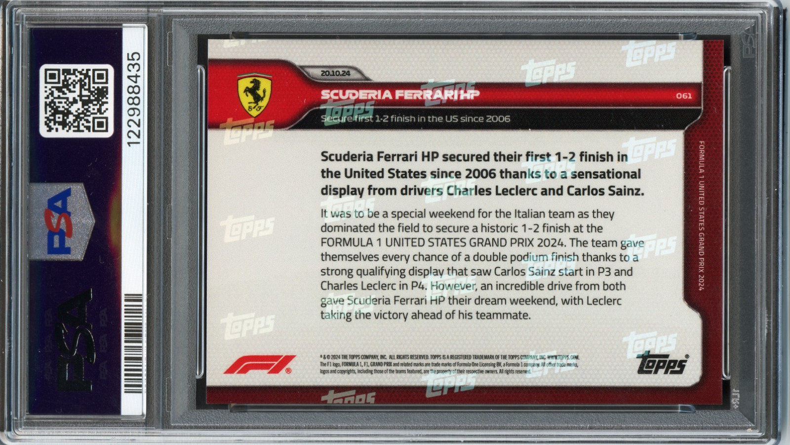 2024 Topps Now Formula 1 61 Scuderia Ferrari Secures 1-2 Finish in US Black /99 view 2