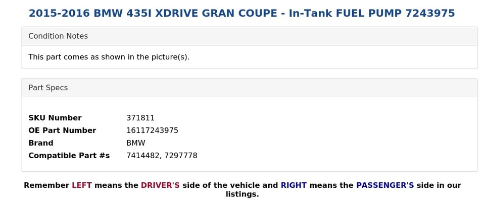 BMW 435I XDRIVE 2015-2016 gran cupé - bomba de combustible en tanque 7243975 Foto 4 de 4