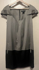 Laila Azhar Satin Shift Mini Dress Pockets Cap Sleeve Gray Black Minimalist Sz 8