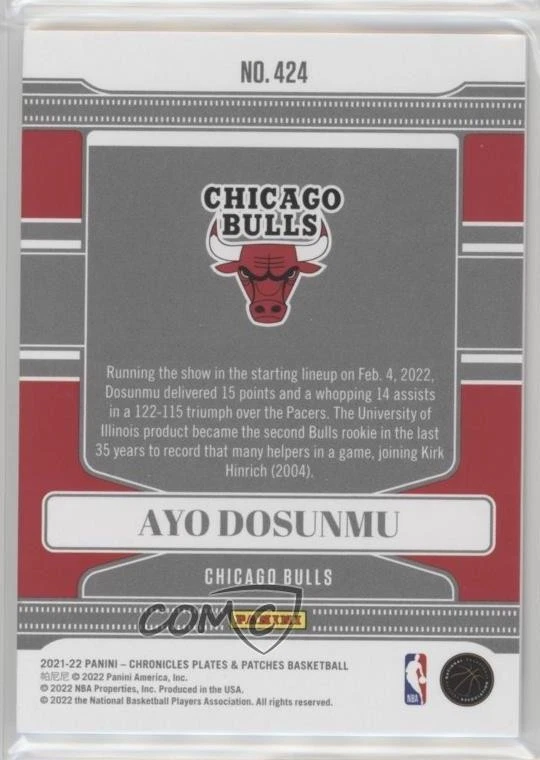 2021-22 Panini Chronicles Plates and Blue /99 Ayo Dosunmu #424 Rookie Patch RC - Image 2 of 2