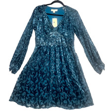 Michael Kors Dress Women Small Luxe Teal Velvet Devore Burnout Long Sleeve