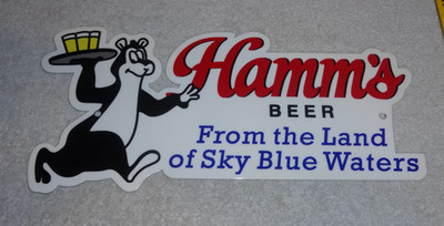 VINTAGE HAMM'S BEER BEAR SERVING HAMMS 1' METAL SKY BLUE WATER GASOLINE OIL SIGN