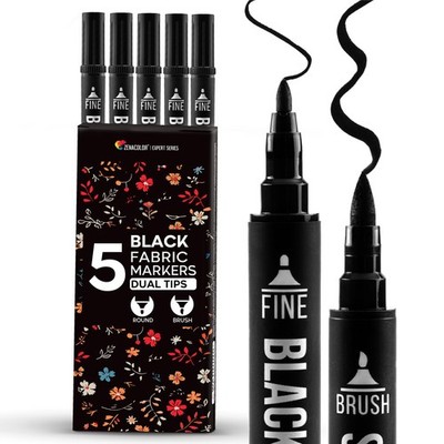 Zenacolor 5 Dual-Tip Black Permanent Fabric Paint Pens for Custom Clothing
