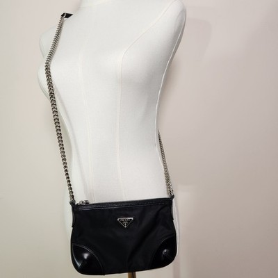 Authentic Prada Re-Edition Black Tessuto Nylon Mini Chain Crossbody Shoulder Bag