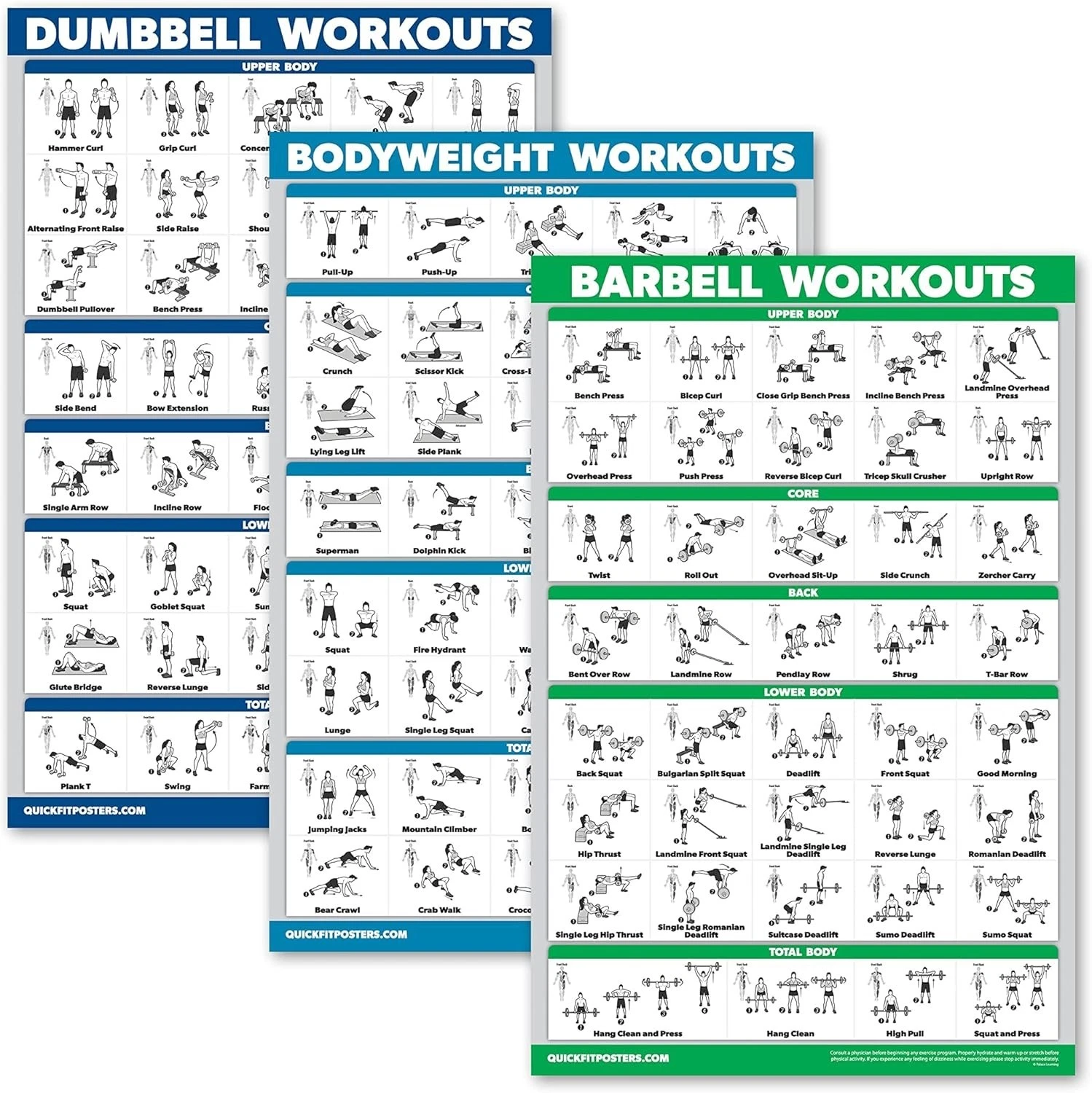 3 Pack - Dumbbell Workouts + Bodyweight Exercises + Barbell Routine Poster Set