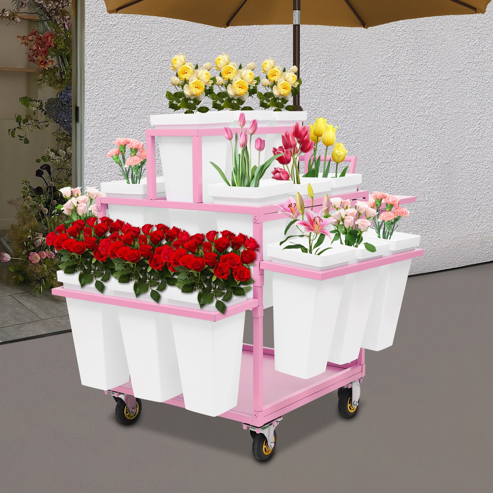 6-Tier Flower Display Stand 18 Buckets 4 Wheels Floor Mount for Flower Shop