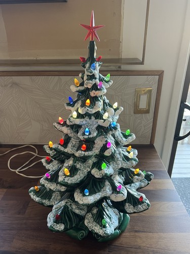Vtg Green Ceramic Christmas Tree 21” Atlantic Base Light Music Box SNOW