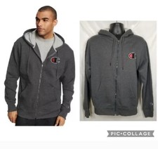 Men's Champion Powerblend Full-Zip Front Drawstring Hoodie Fleece Lined Gray M