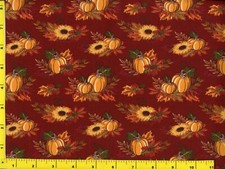 Sunflowers Fall Leaves Pumpkins on Dark Red Quilting Sewing Fabric by Yard 882