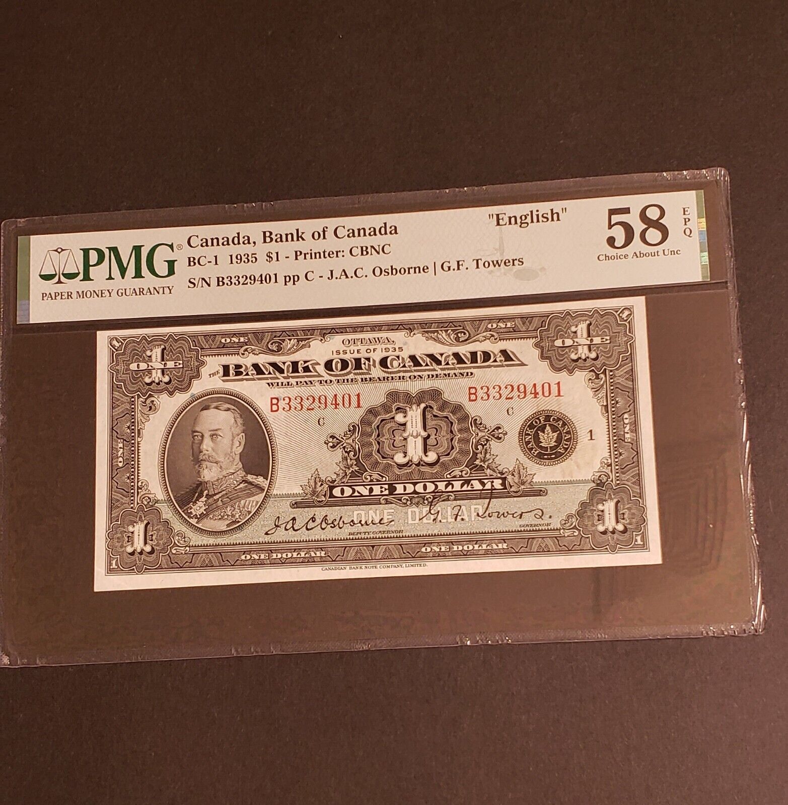 1935 Bank of Canada $1 Banknote. Series "B". English Version. PMG Graded. EPQ.