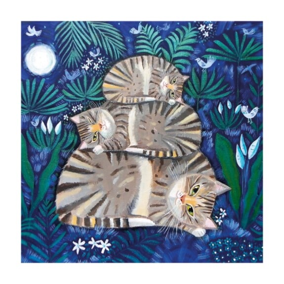 Moonlight Cat Nap - Art Blank Greeting / Birthday Card - Tabby Cats Moon Flowers