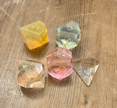 5 Vintage Crystal Clear Sharp Edge D & D Dice - Armory? Golden Opal