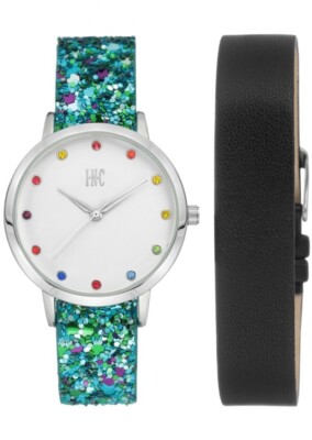 I.N.C. Women's Blue Glitter Black Faux Leather Interchangeable Strap Watch 36mm 