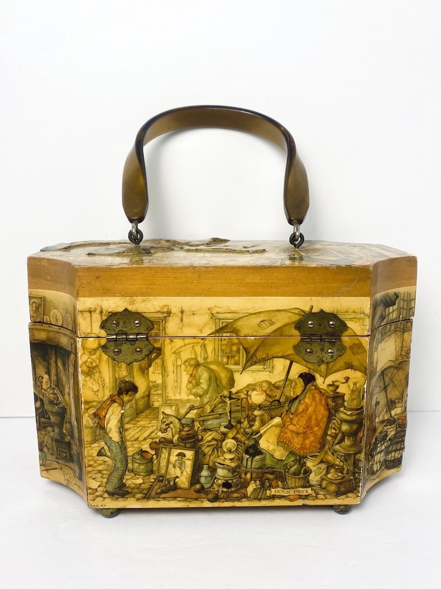 Vintage Anton Pieck Box Purse 3D Decoupage Wood 9