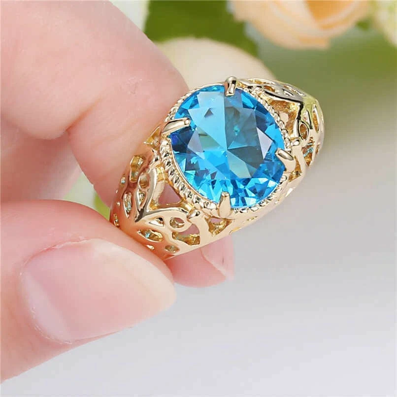 Hombre Talla 7 Creado en Laboratorio (Azul) Aguamarina Moda Amarillo 10k Oro Relleno Boda Foto 2 de 2